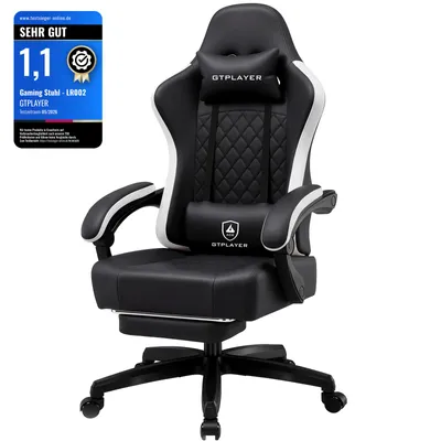 Produktbild von GTPLAYER Gaming Stuhl Ergonomischer Gaming Sessel Schreibtischstuhl Kunstleder, Federsitzkissen, Verbindungsarmlehnen und Fußstütze 150KG, schwarz