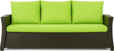 A front view of a three-seater sofa with lime green cushions and a dark brown woven base.