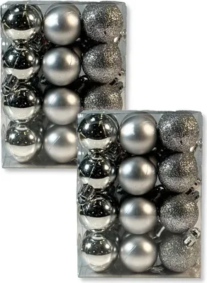 Produktbild von Kunststoff Weihnachtskugel silber 2 Sets - 48 Stück Ø 3cm Deko Kugel Christbaumschmuck Mix Matt Glänzend Glitzer