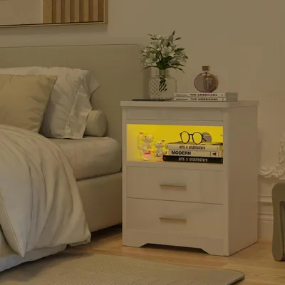 Produktbild von LED Nachttisch mit 16 Farbe RGB Licht, Nachttisch mit Ladefunktion,Weiß Hochglanz Nachtkommode Beistelltisch Sofatisch für Schlafzimmer 45x40x58cm