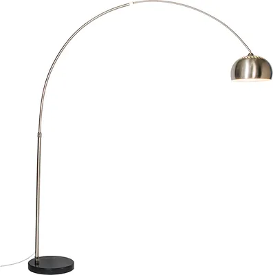 A silver arc floor lamp with a black base on a white background.
