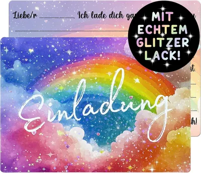 Produktbild von Glitzernde Regenbogen-Einladungskarten – Set mit 12 Stück – für Kindergeburtstage, Mädchen