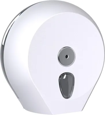 Weißer, runder Mini-Jumbo-Toilettenpapierspender mit Füllstandsanzeige und Schlüsselloch.