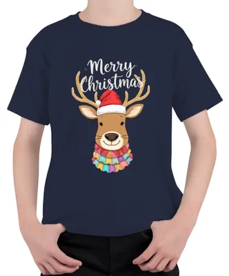 Produktbild von Merry Christmas Weihnachten Rentier Nikolausmütze niedlich bunt Kinder T-Shirt, Navy, 140
