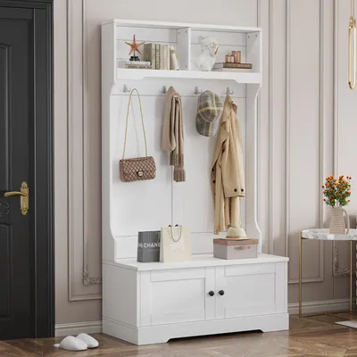 Produktbild von Eingangsschrank mit Sitzbank und Schuhschrank, Garderobenset mit 4 Haken, 2 offenen Ablagen und Stauraum, Weiß, 101,5 × 183 cm