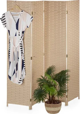 Obrázok produktu pre Relaxdays sklápací paraván, 4-dielny, skladací deliaci panel, VxŠ: 170x160 cm, plast a drevo, deliaca stena do interiéru, svetlohnedá