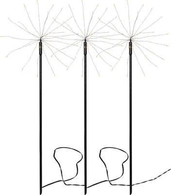 Three LED decorative starburst lights on black poles against a white background.