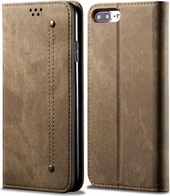 A brown denim leather wallet flip case for an iPhone is shown from two angles.