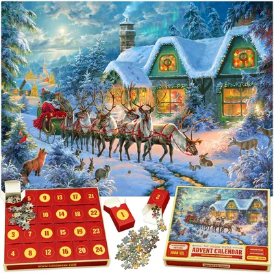 Productafbeelding van Legpuzzel Adventskalender - Kerstmagie - 24 dozen 1008 stukjes - Kerstvakantie Aftellen - Leuk voor kinderen - Familie