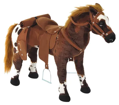 Produktbild von Spielpferd zum Reiten Plüsch, Stehpferd mit Sound, Schaukelpferd Braun+Weiß  |  ab 2 Jahre  |  bis 60 kg  |  Sitzhöhe 48 cm  |  85 x 28 x 60 cm