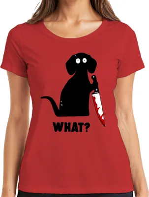 Produktbild von What? Hund Blutiges Messer Horror Halloween Grusel Slasher Cartoon Damen T-Shirt, Rot, L