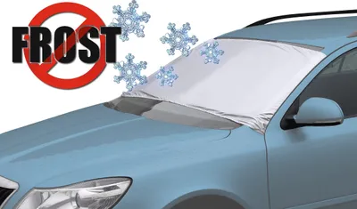 A car windshield covered with a frost protection cover, with snowflakes and a 'NO FROST' graphic.