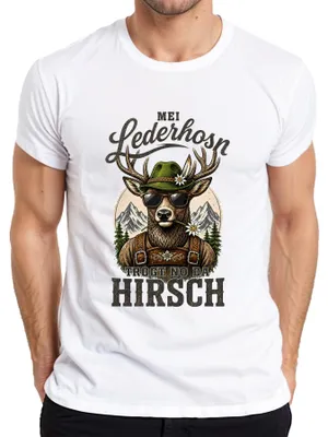 Produktbild von Mei Lederhosn trogt no da Hirsch  Bayern Lederhose Herren T-Shirt, Weiß, XL