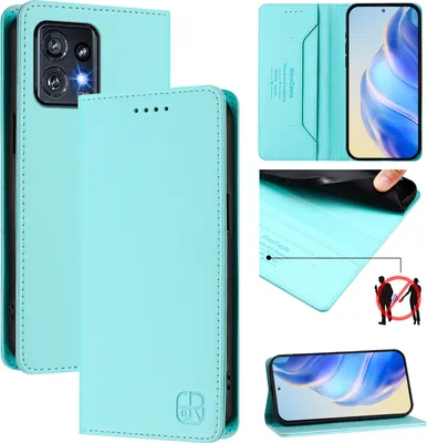 Image de Etui en cuir pour Motorola Edge+ (2023)/Edge 40 Pro, étui à rabat avec fentes pour cartes, portefeuille et support Turquoise