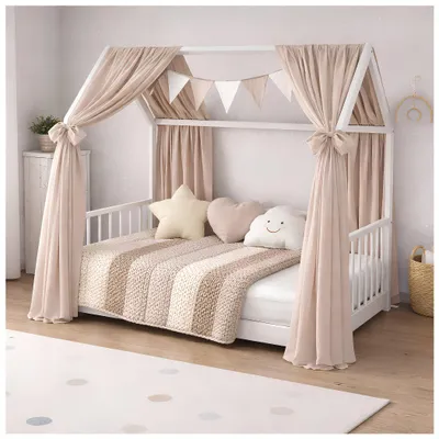 Produktbild von Baby-Delux Hausbett Himmel Musselin Betthimmel 2-er Set für Hausbett Kinderbett Baumwolle 160x300 cm Beige