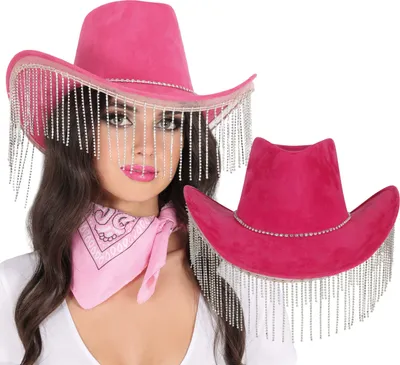 Immagine prodotto di Cappello Cowboys Glamour Strass Frange Fucsia Carnevale Copricapo Glamour Wild West Party Outfit, Colore: Rosa