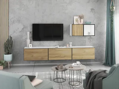 Produktbild von Wohnwand VARIANTO 5 Schrank Set 5 tlg., 228 cm, weiß matt / Evoke Eiche, Wandhängend, 3 Schränke mit Klappen, 1 Schrank mit Tür und 1 Regal