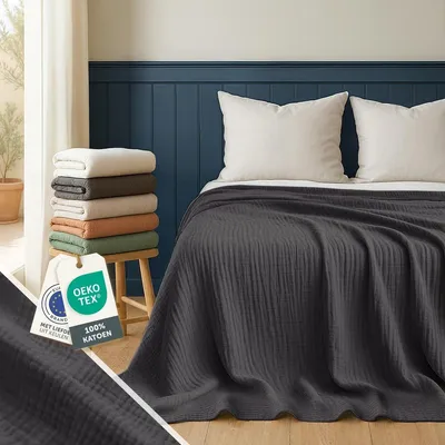 Immagine prodotto di Coperta in mussola - 100% cotone - 150 x 200 cm - Copriletto e copridivano - Antracite