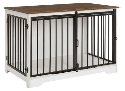 Image de Meuble pour chien - Cage en bois de 100 cm pour la maison - Portes coulissantes - 2 portes - Pour petits, moyens et grands chiens - Blanc et marron