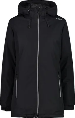 A black women's jacket with a hood.