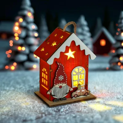 Image de Décoration de Noël à LED - maison en bois avec lutin - LED blanc chaud - rouge - avec fil de suspension - avec pile - 7,5 × 5 × 10 cm - 2 designs (au hasard) - 1 pièce [59746]., Image générée par une IA
