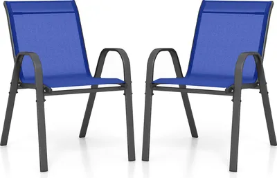 Two blue outdoor chairs with gray frames are shown against a white background.