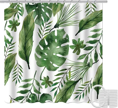 Produktbild von Duschvorhang mit grünem Blättermuster, 180 x 200 cm, waschbar, schimmelresistentes Polyester, mit 12 Haken