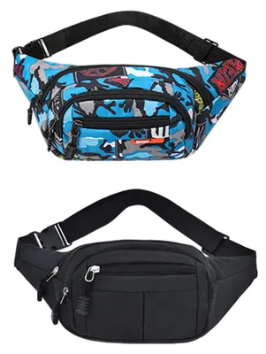 Immagine prodotto di Borsetta da cintura per bambini - 3 scomparti separati - Nylon - Camouflage/Nero - Leggera - Cinturino regolabile - Adatta per escursioni/bicicletta - Marsupio