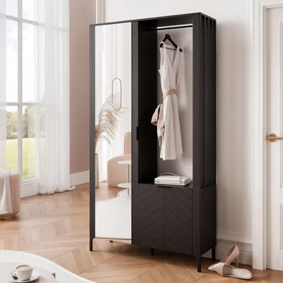 Produktbild von Garderobe Kleiderschrank mit Spiegel LORIEN 105 cm Schwarz mit Regalen und Kleiderstangen Garderobenständer Schrank Griffe
