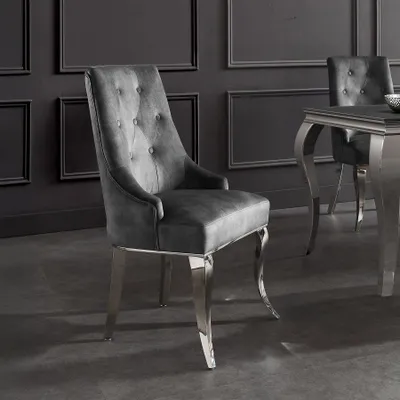 Produktbild von riess-ambiente Stuhl MODERN BAROCK DELUXE grau silber Samt Edelstahl Esszimmerstuhl mit Löwenkopf