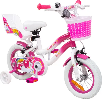 Produktbild von Actionbikes Kinderfahrrad Unicorn 12 Zoll | Kinder Fahrrad - V-Brake Bremsen - Kettenschutz - Fahrradständer - 6-9 Jahre (Pink)