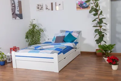 Produktbild von Jugendbett "Easy Premium Line" K4, inkl. 2 Schubladen und 1 Abdeckblende, 140 x 200 cm Buche Vollholz massiv weiß lackiert