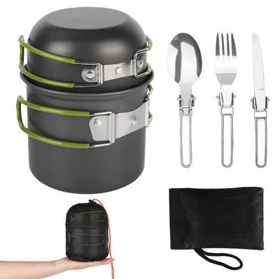 Produktbild von Camping Kochgeschirr Set Aluminium Antihaftbeschichtet 1-2 Personen mit Besteck & Tasche