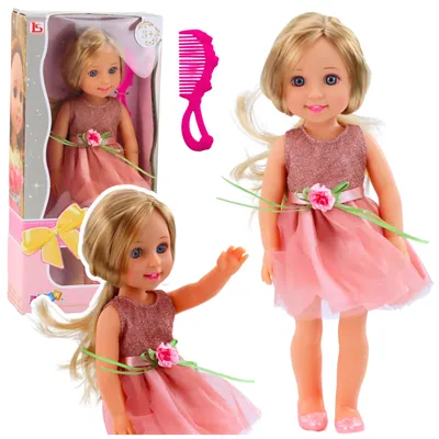 Produktbild von Puppe mit Kleid und Schleife, langes Haar, rosa, Kamm, 38 cm