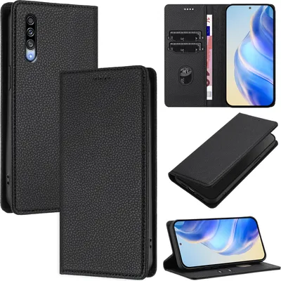Produktbild von Litchi Leder Handyhülle für Samsung Galaxy A50/A50S/A30S Wallet Kartenfächer Standfunktion Hülle Schwarz