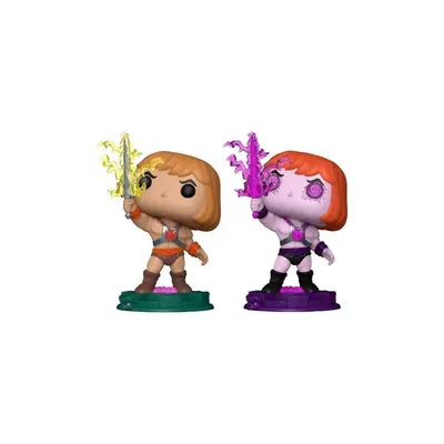 Two Funko Pop! vinyl figures of He-Man from Masters of the Universe, each holding a sword.