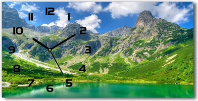 Produktbild von Wanduhr aus Glas – 60x30 cm - Glasbild - Glasuhr - Gehärtetes Glas - schwarze-zeiger - See in den Bergen
