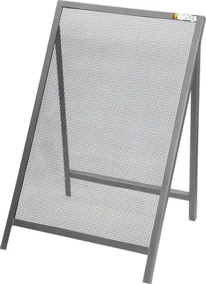 A gray metal sieve with a mesh screen, tilted on its stand.