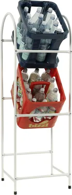 A metal stand holding two crates of bottled drinks, one blue and one red, stacked on top of each other.
