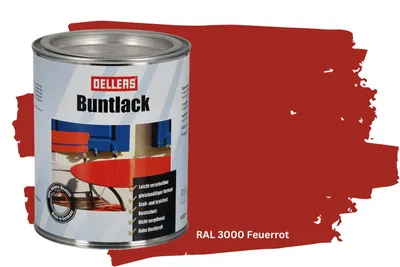 Produktbild von Buntlack - 1 L, RAL 3000 Feuerrot – Glänzender Decklack für Metall & Holz, wetterfester Metallschutzlack, robuste Lackfarbe außen & innen