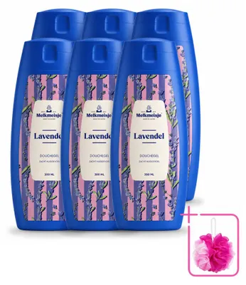 Imagen del producto de 6 unidades de crema limpiadora y exfoliante corporal y de ducha con aroma a lavanda, 300 ml cada una. Paquete económico