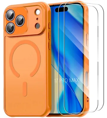 Image de Coque + 2 Verres Trempés pour iPhone 17 Pro Max, avec Cercle Magnétique et Protection Caméra - Orange
