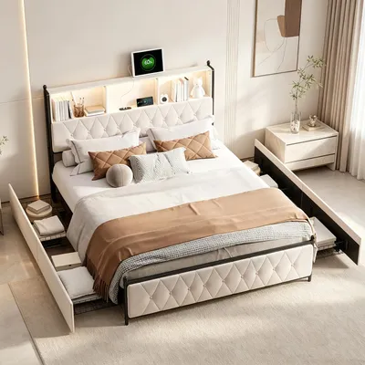 Produktbild von INONEFT Polsterbett 140x200 mit Stauraum, Doppelbett mit LED und USB, Jugendbett mit 4 Schubladen, Bettgestell , Samt,Beige