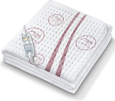 A folded white electric blanket with pink stripes and circular embroidered patterns, featuring a detachable controller with a digital display.