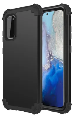 A black phone case is shown in a studio setting with a phone inside.