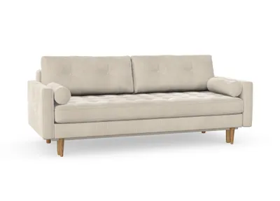 Produktbild von Esme II 3-Sitzer-Sofa mit Schlaffunktion, Massivholzkonstruktion, skandinavischer Stil, gestepptes Sitzkissen, Hohe Beine aus Eichenholz, gewachst, Cord-Stoff Scala Nata Alabaster