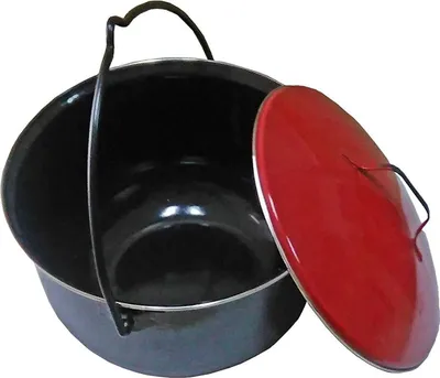 Produktbild von Gulaschtopf 14 L schwarz mit rotem Deckel, Gulaschkessel für Schwenkgrill, Emaillierter Suppenkessel