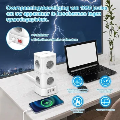 Zdjęcie produktu dla Listwa zasilająca z zabezpieczeniem przeciwprzepięciowym - 8 gniazd i 4 porty USB (2x USB-C, 2x USB-A) - 4000W/16A - kabel o długości 2 metry z włącznikiem