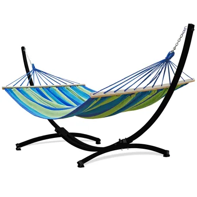 Produktbild von Potenza Outdoor Hängematte mit Gestell für 2 Personen I Stabhängematte XXL 220x160, 200kg I Schwarz Hängemattengestell 220kg Wetterfest