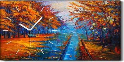 Produktbild von Wanduhr Uhr Wandbild Leinwand 60x30 Malen von Park Bäumen Herbst Blätter - weiße Hände